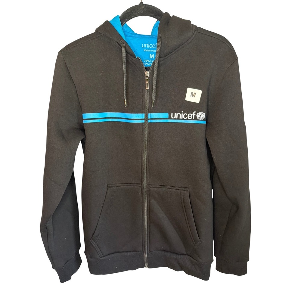 UNICEF Official Logo Zip Up Hoodie Black Blue Mens Size Medium Sweatshirt